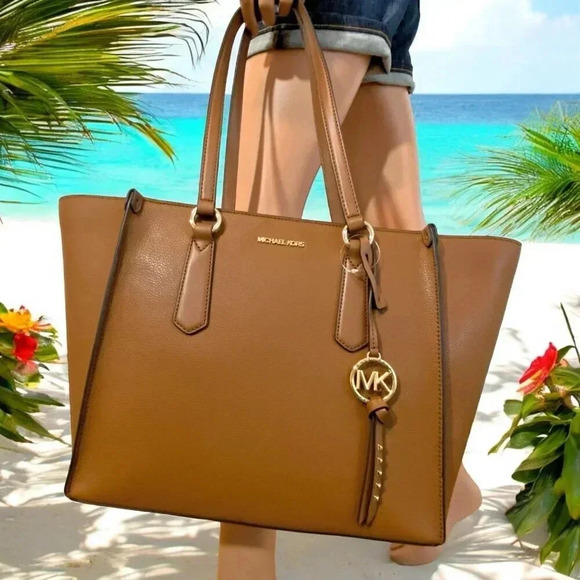 Michael Kors Large Luggage Brown Leather Kris Travel Career Work Tote Bag NWT - Picture 2 of 12